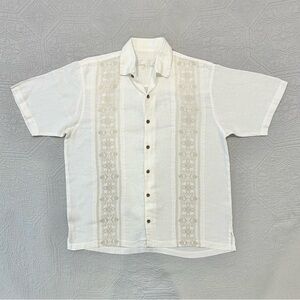 Tommy Bahama Men’s 100% Linen Short Sleeve Shirt Sz Large White Gold Embroidered